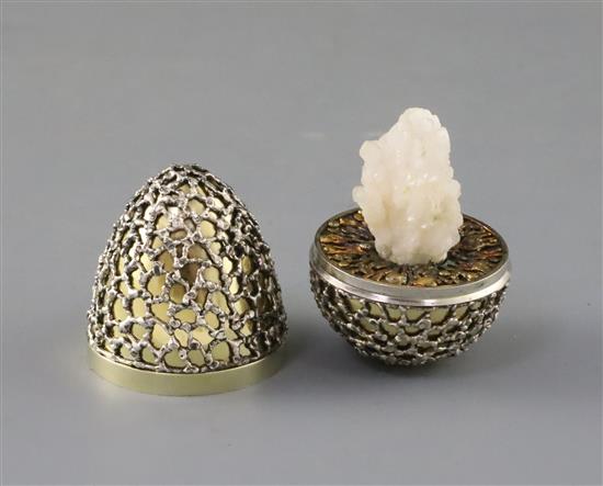 A late 1960s parcel silver gilt surprise egg by Stuart Devlin, 74mm.